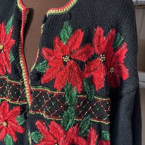 Vintage Eve Tyler Christmas cardigan sweater size women’s large black beaded poi - Picture 2 of 8